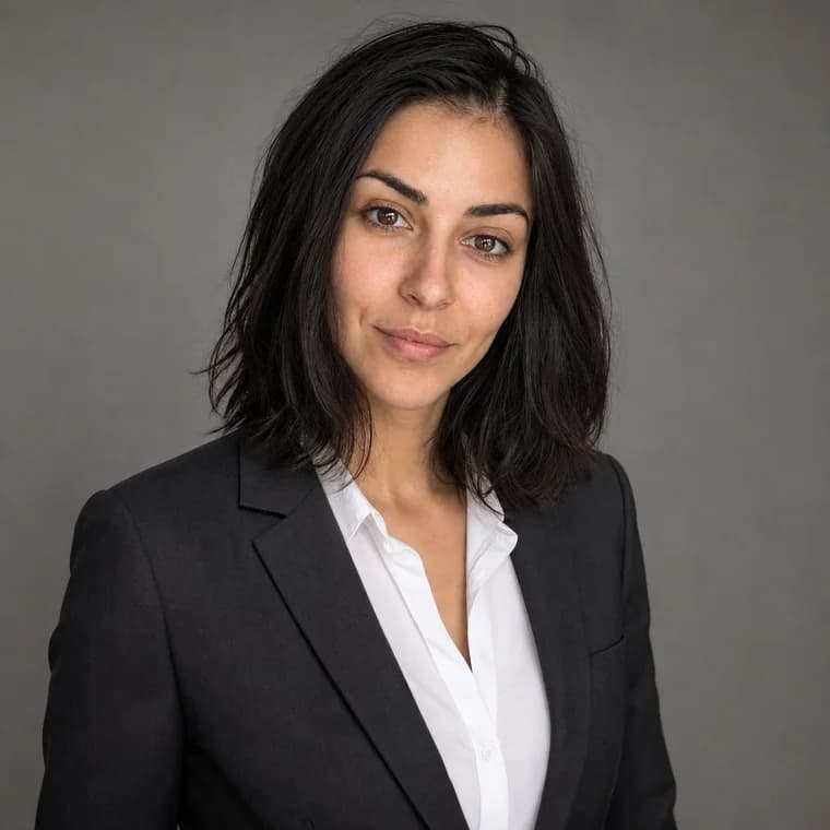 The same person as a corporate headshot in a charcoal suit against a grey studio backdrop