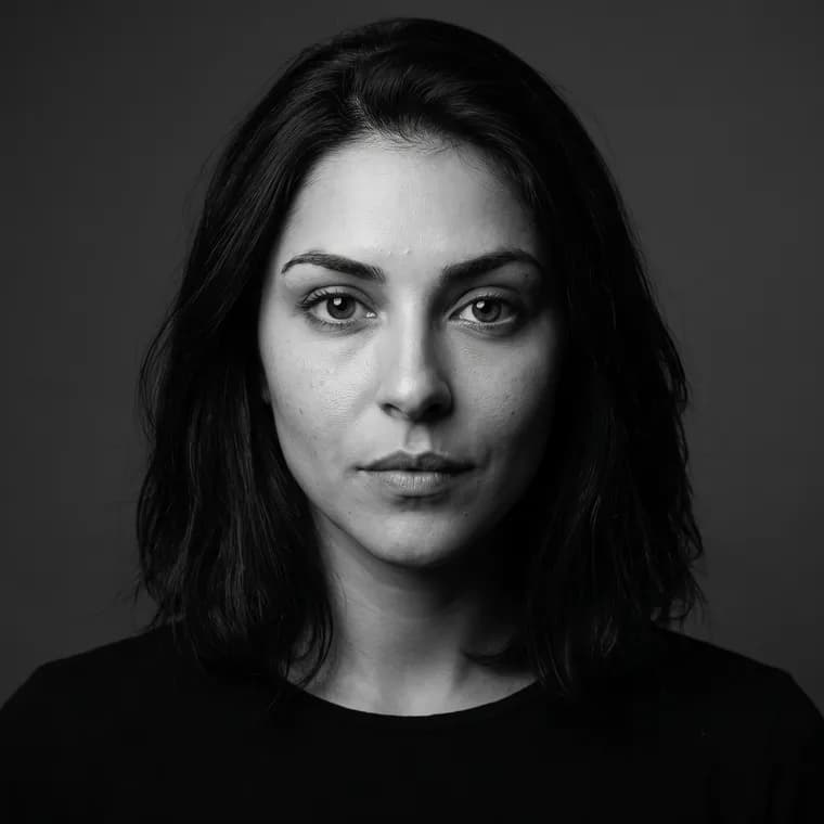 A high-contrast black and white studio headshot against a deep grey background