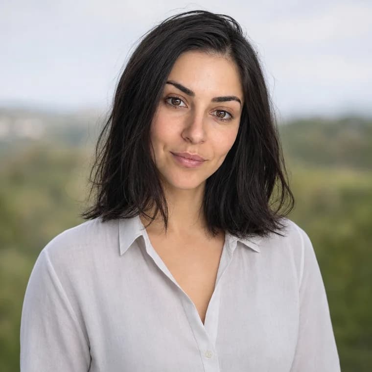 An outdoor headshot in soft daylight with blurred greenery behind